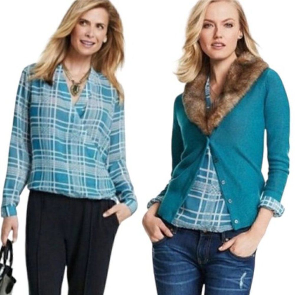 Cabi #3068 Windowpanewrap Blouse Teal Size Small. Euc!